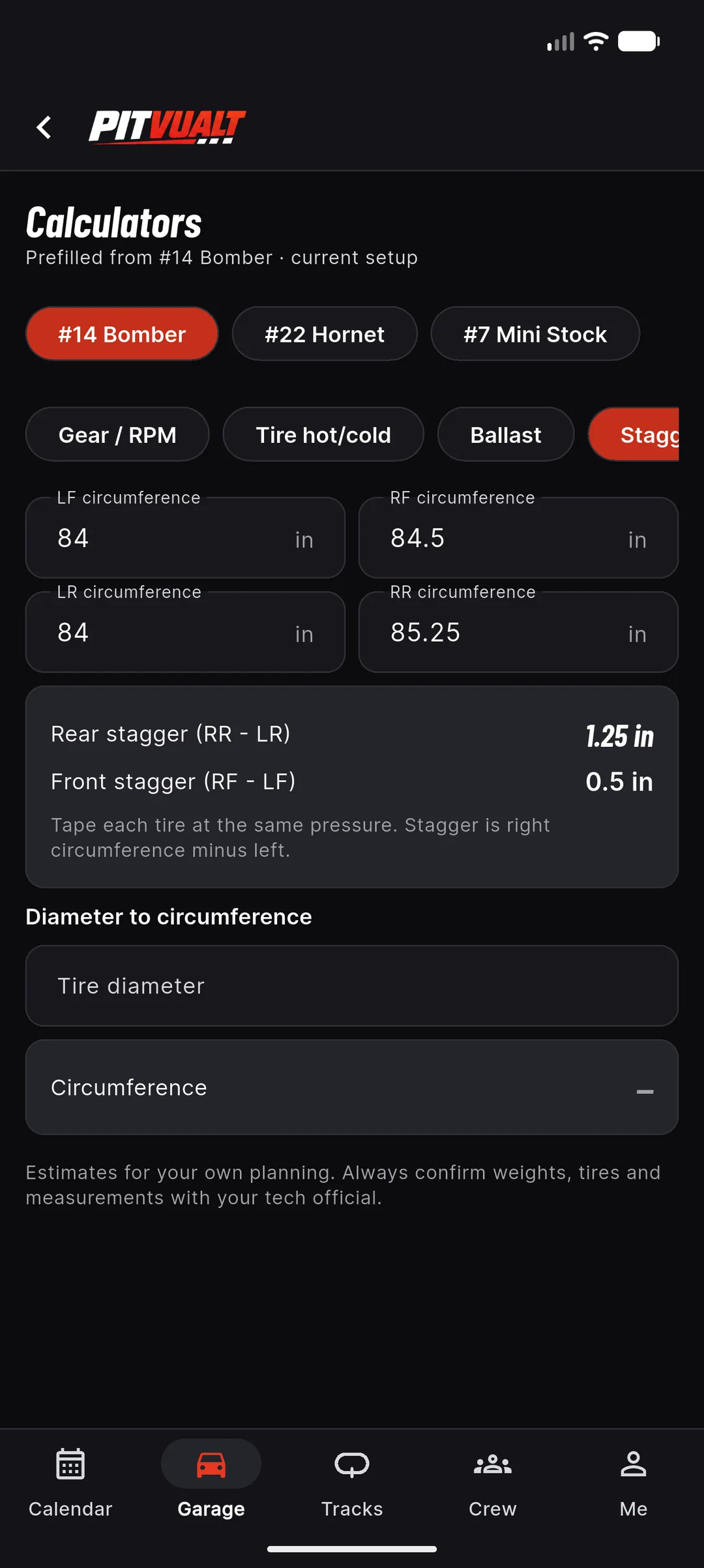 Calculators screen prefilled from the #14 Bomber with the Stagger tab: four tire circumferences, rear stagger 1.25 inches, front stagger 0.5 inches and a diameter to circumference converter