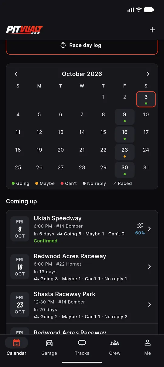 October month view with race days marked going, maybe or can’t, and a Coming up list with crew counts