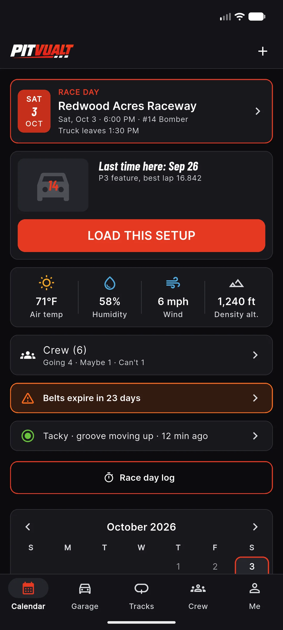 Calendar tab: the next race day at Redwood Acres Raceway with a last time here card, a Load this setup button, weather, crew going 4 maybe 1 can’t 1 and a belts-expire alert