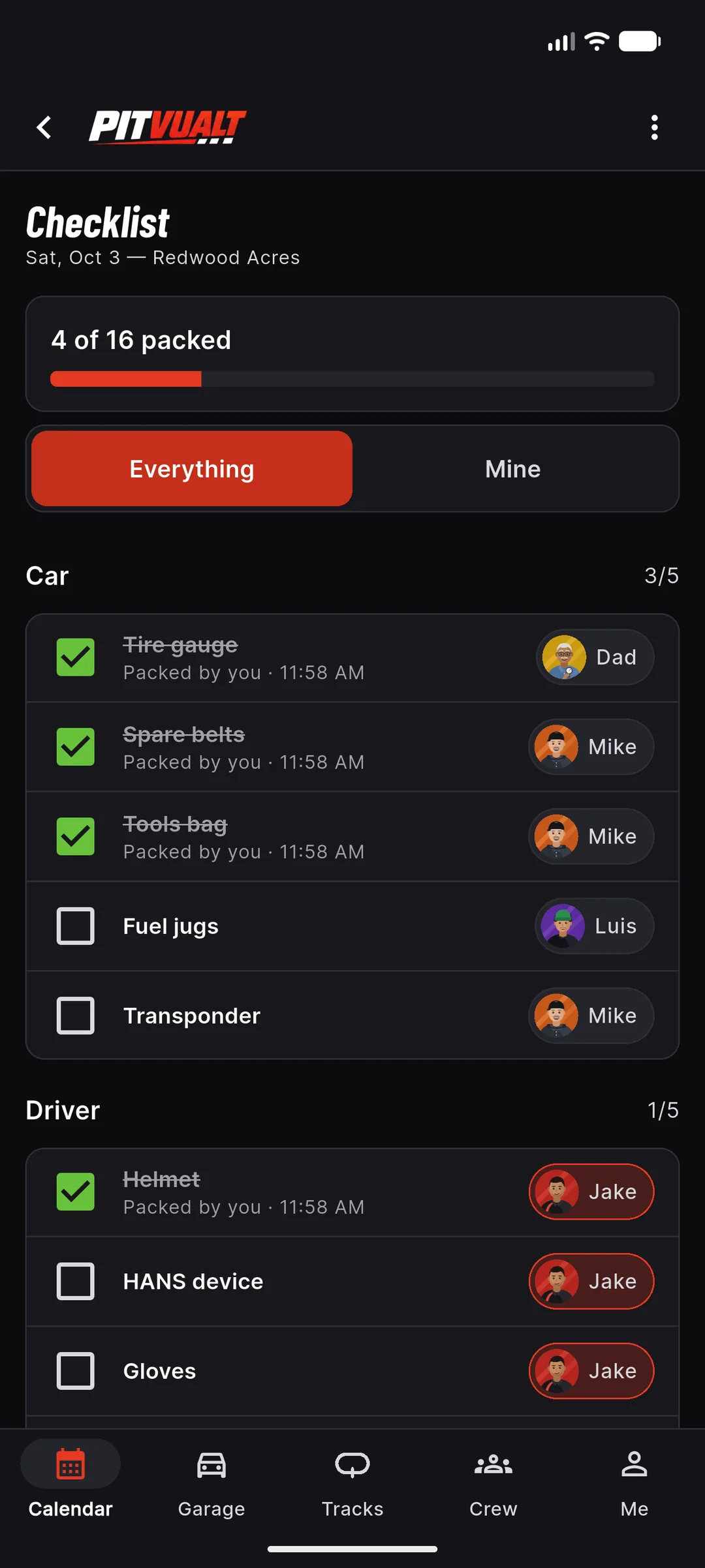 Race-day checklist for Sat Oct 3 at Redwood Acres: 4 of 16 packed with a progress bar, Everything and Mine tabs, and Car and Driver items each assigned to a crew member