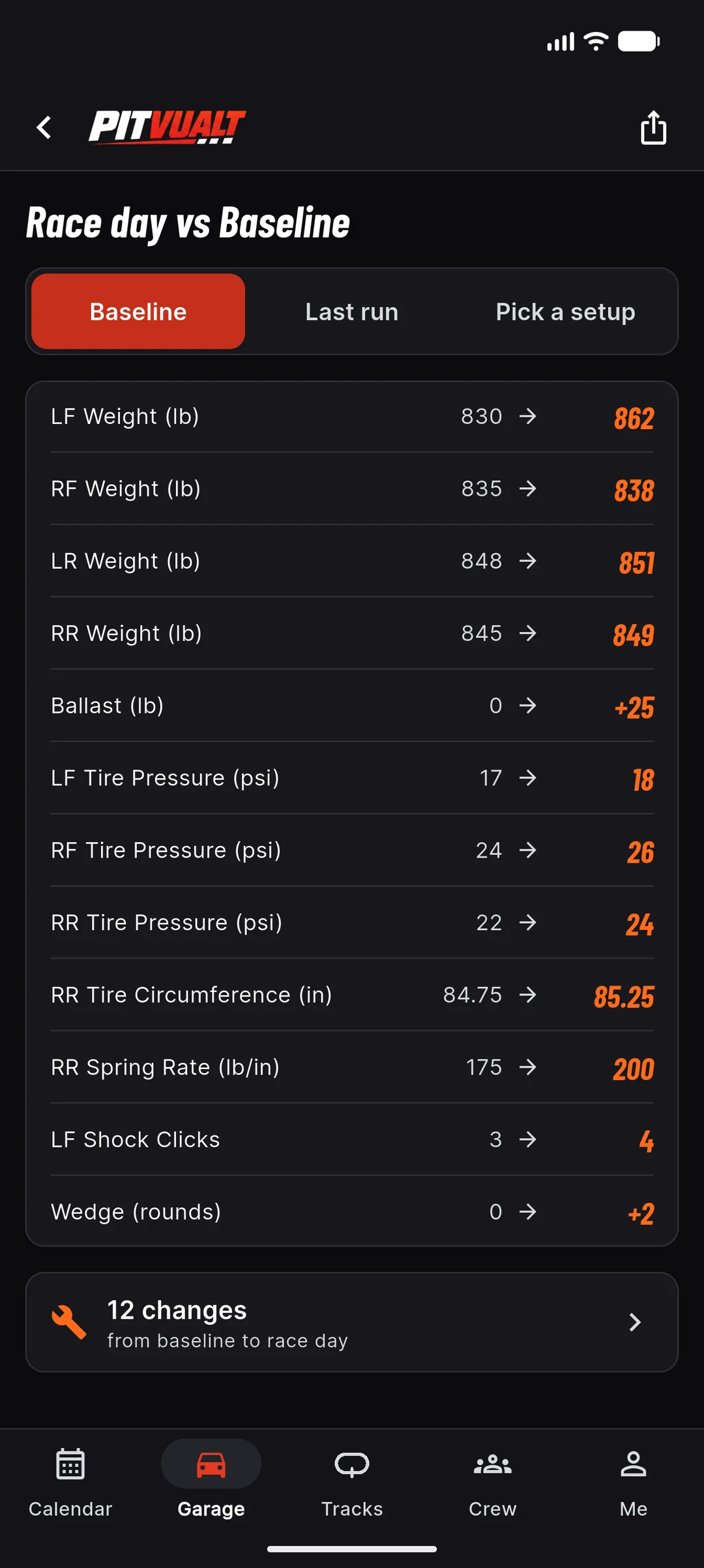 Compare screen, Race day vs Baseline: only the changed fields listed with the baseline value, an arrow and the new value in orange, ending with “12 changes from baseline to race day”