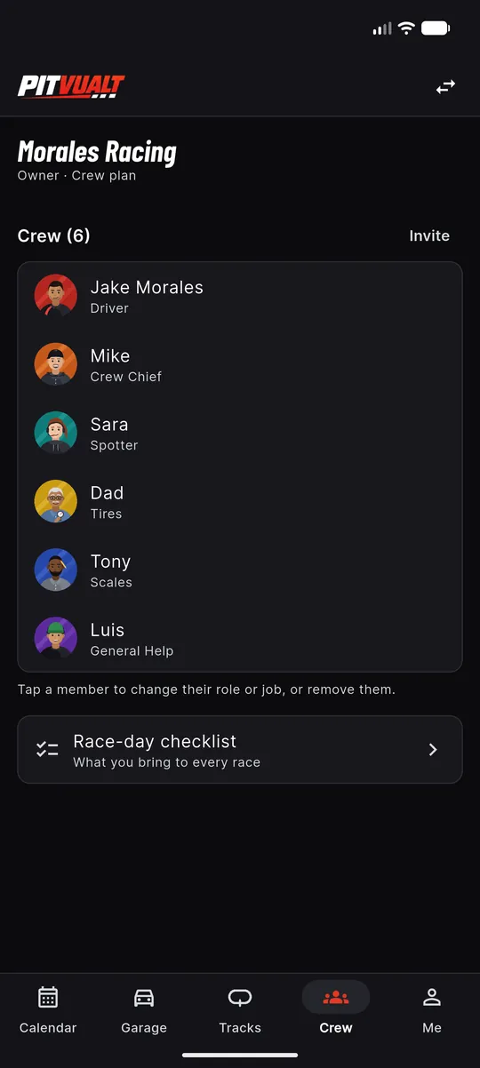 Crew tab for Morales Racing with six crew members and their roles, and a Race-day checklist link