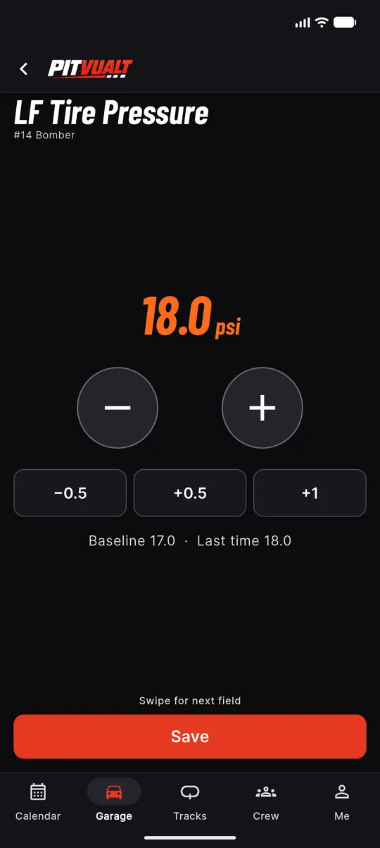 Fast edit for LF tire pressure: 18.0 psi with minus and plus buttons, baseline 17.0 and last time 18.0