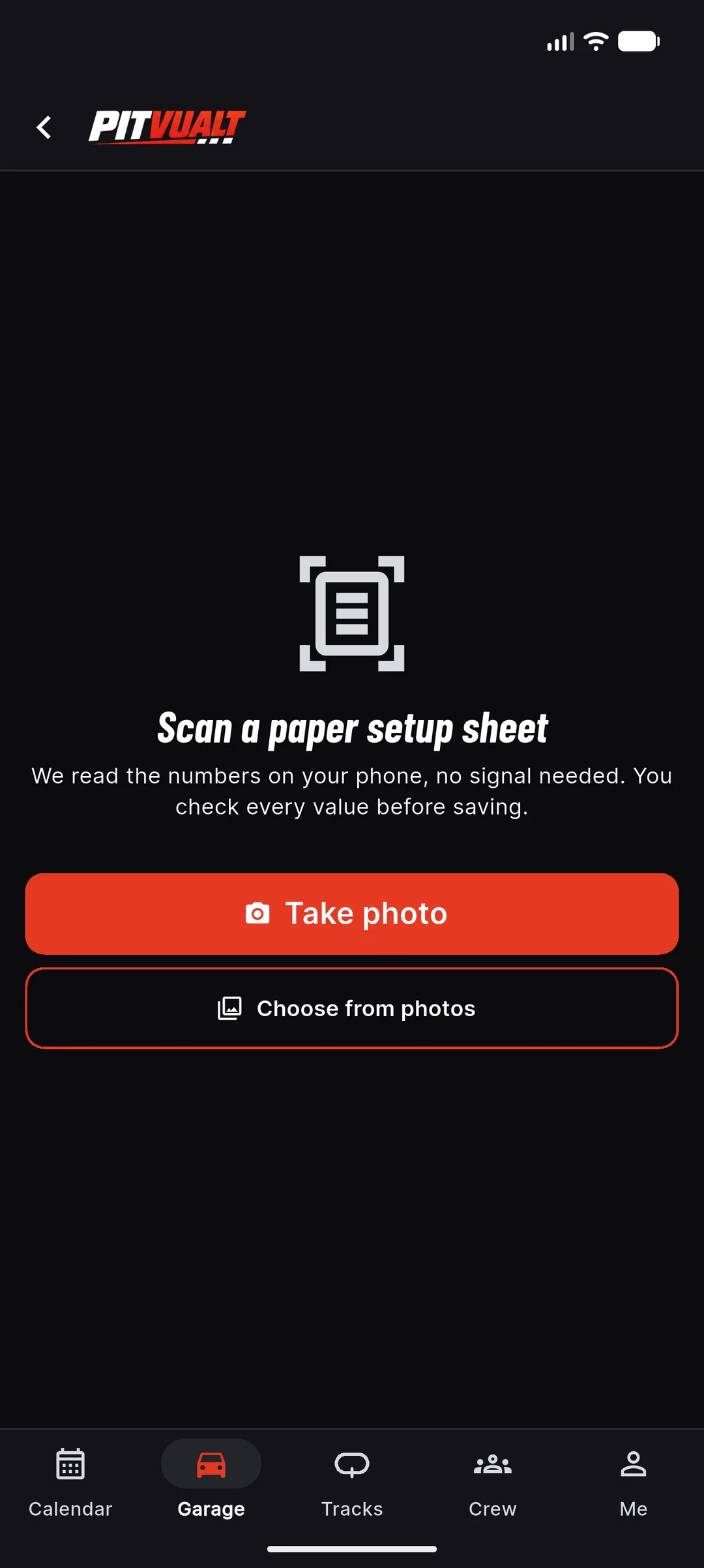 Scan a paper setup sheet screen with Take photo and Choose from photos buttons