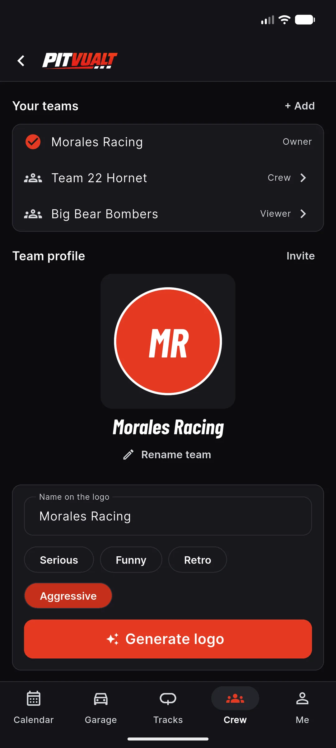 Your teams list with Morales Racing as owner, Team 22 Hornet as crew and Big Bear Bombers as viewer, and a team profile with a logo and a Generate logo button with Serious, Funny, Retro and Aggressive styles