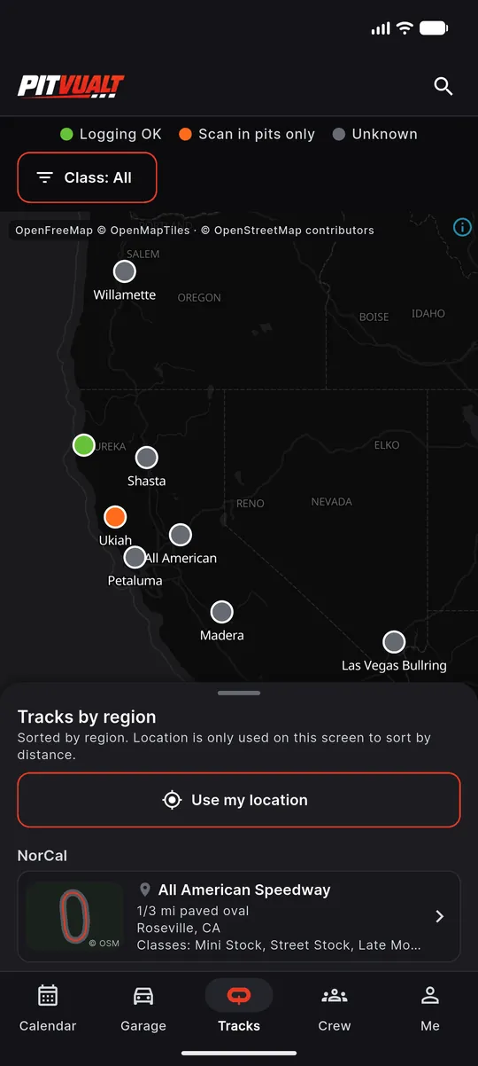 Track map of the West with pins colored by device rule: logging OK, scan in pits only or unknown